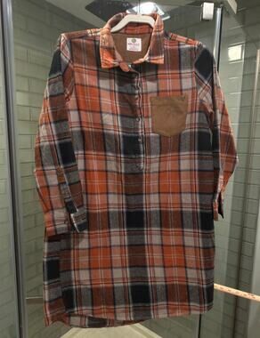 MarleyLilly Plaid Flannel Tunic Shirt Dress Medium Orange Brown Fall